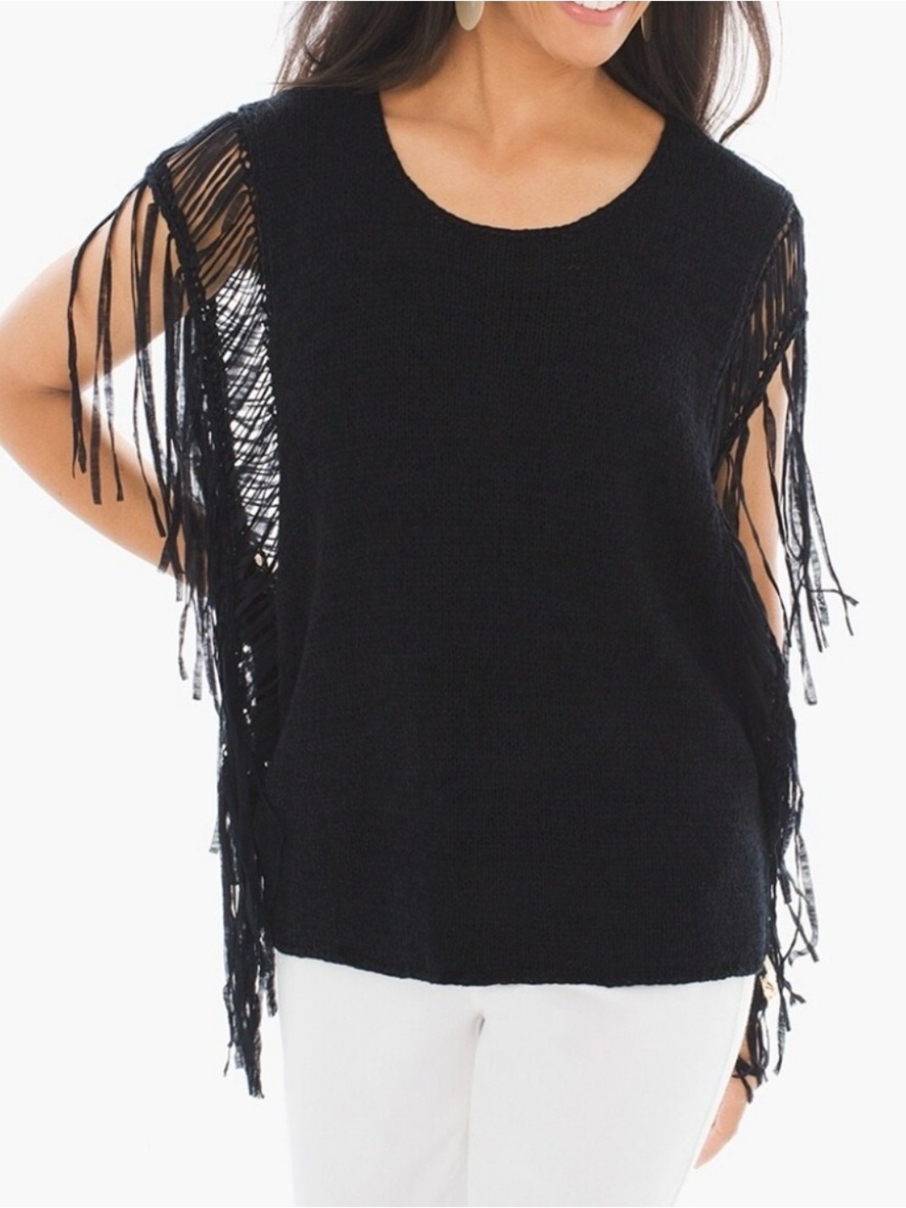 Chico’s Woman’s Black Sleeveless Sweater with Fringe L/XL